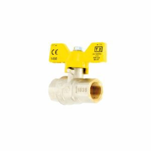 VÁLVULA ESFÉRICA PESADA GAS PASO TOTAL 3/8" , MANGO MARIPOSA AMARILLO.